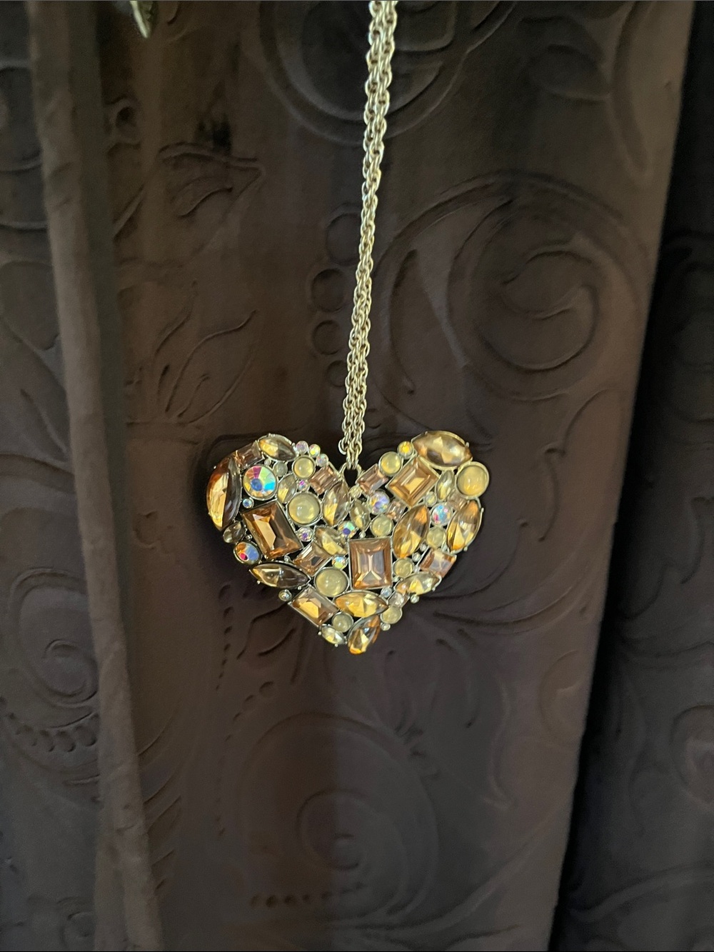 Gold-Tone Heart Necklace with Amber and Opal-Like Stones